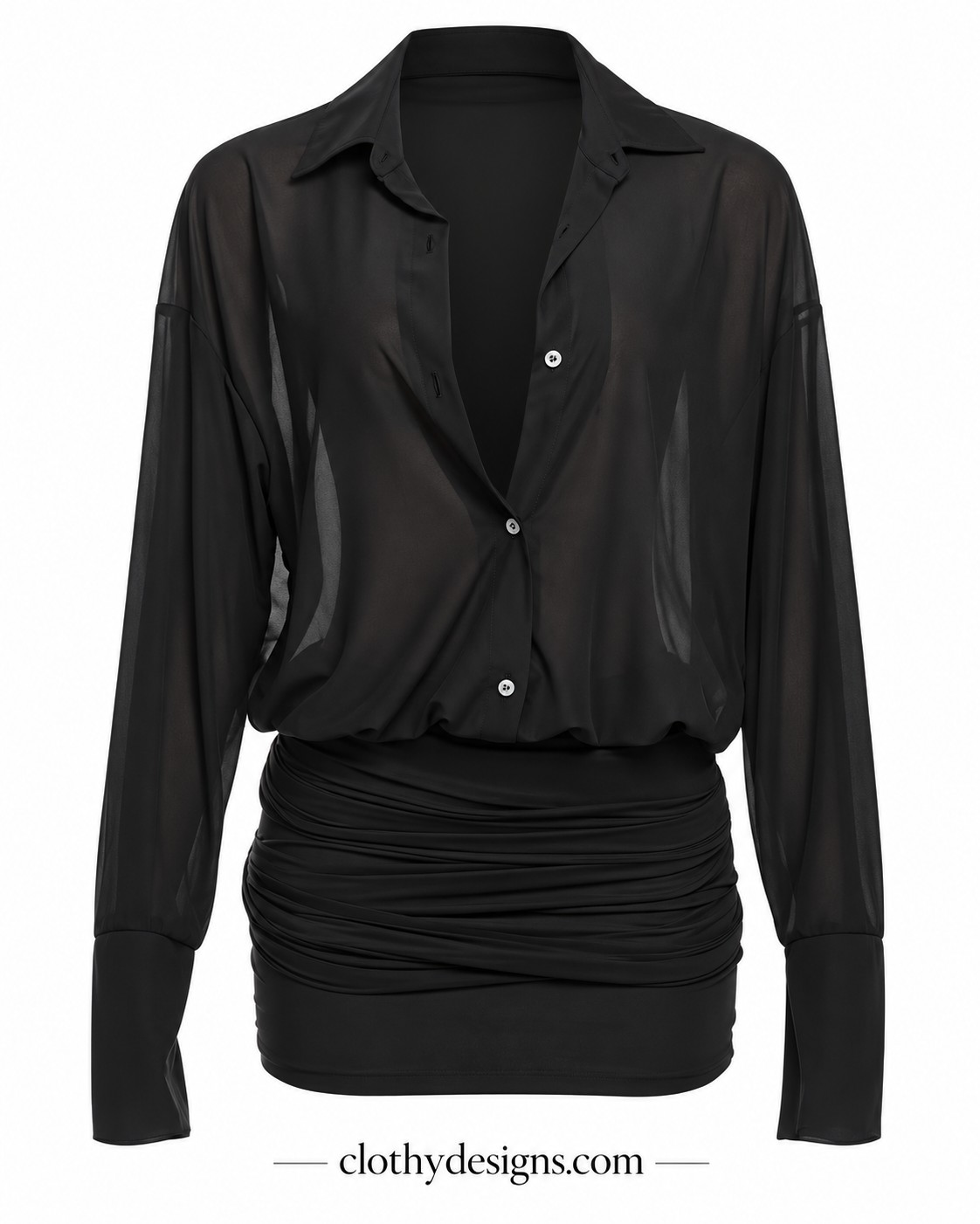 Women’s Sheer Mini Dress – See-Through Flare Sleeve Ruched Bandage Lapel Party Club Dress